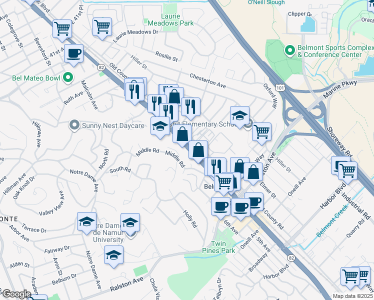 map of restaurants, bars, coffee shops, grocery stores, and more near 600 El Camino Real in Belmont