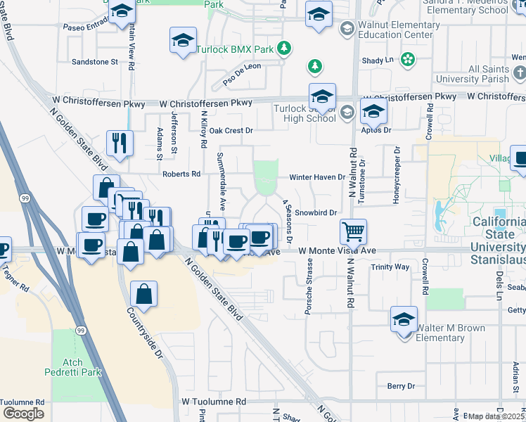 map of restaurants, bars, coffee shops, grocery stores, and more near 3382 Spring Crest Drive in Turlock