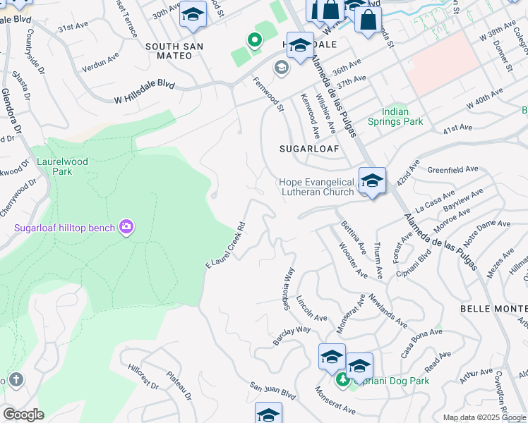 map of restaurants, bars, coffee shops, grocery stores, and more near 3303 Haskins Drive in Belmont