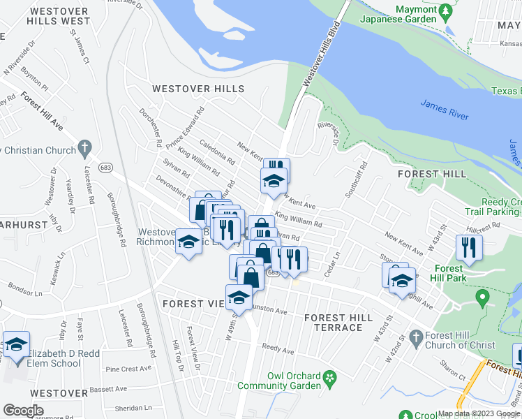 map of restaurants, bars, coffee shops, grocery stores, and more near 1608 Westover Hills Boulevard in Richmond