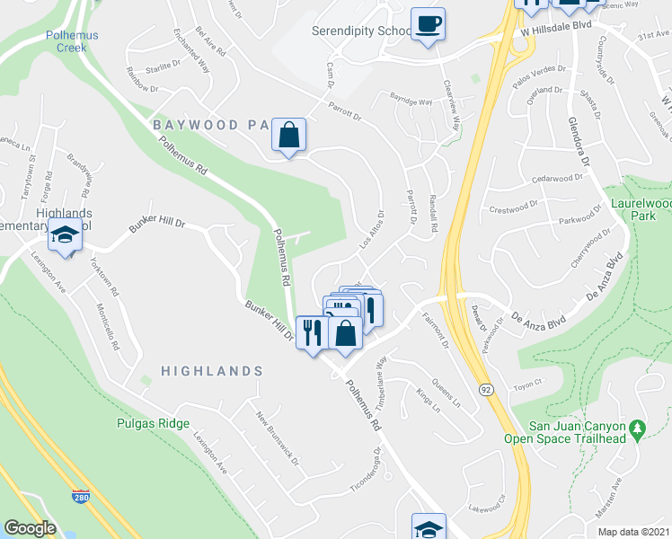 map of restaurants, bars, coffee shops, grocery stores, and more near in San Mateo