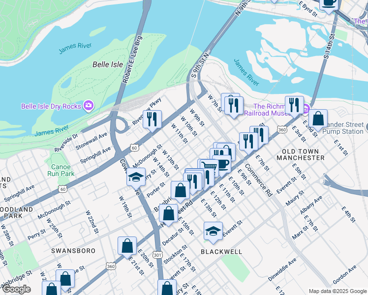 map of restaurants, bars, coffee shops, grocery stores, and more near 1100 McDonough Street in Richmond