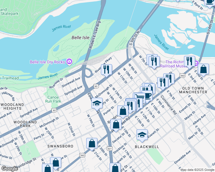 map of restaurants, bars, coffee shops, grocery stores, and more near 408 West 13th Street in Richmond
