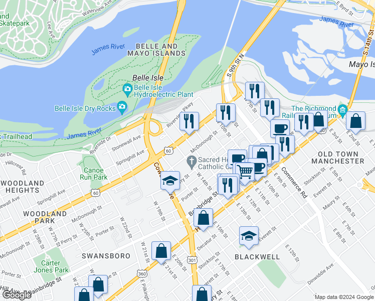map of restaurants, bars, coffee shops, grocery stores, and more near 408 West 13th Street in Richmond