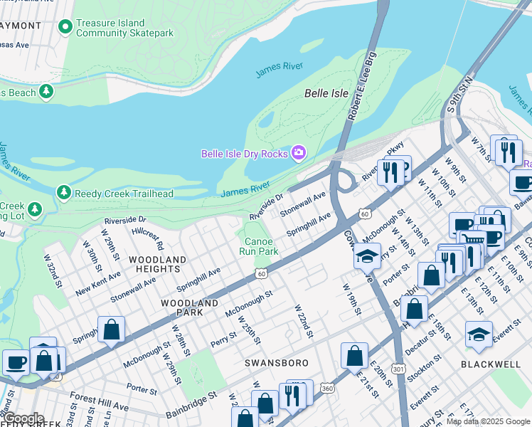 map of restaurants, bars, coffee shops, grocery stores, and more near 2106 Riverside Drive in Richmond