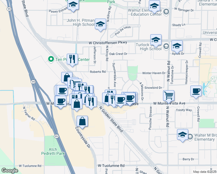 map of restaurants, bars, coffee shops, grocery stores, and more near 3353 Dewar Lane in Turlock