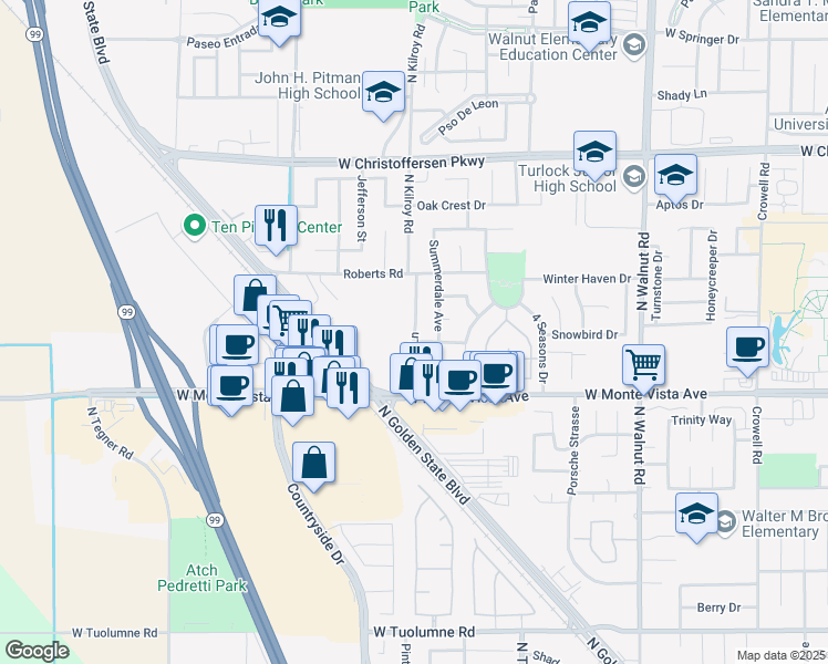 map of restaurants, bars, coffee shops, grocery stores, and more near Dewar Lane in Turlock