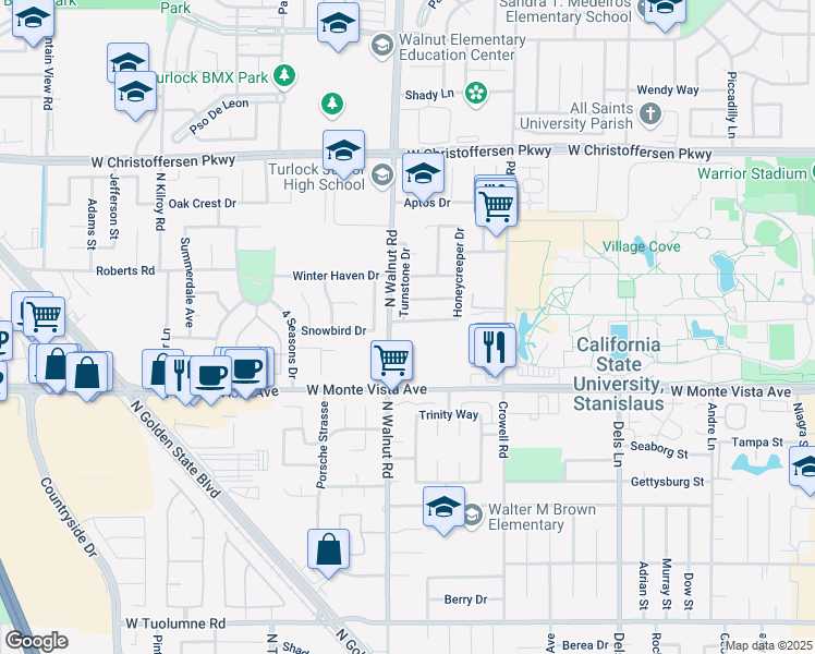 map of restaurants, bars, coffee shops, grocery stores, and more near 1540 Bluethroat Drive in Turlock