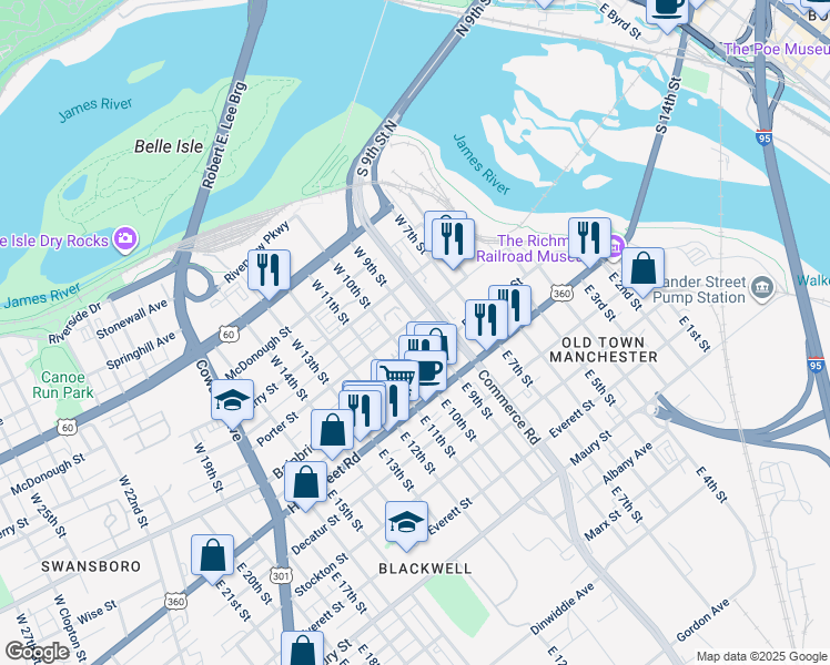 map of restaurants, bars, coffee shops, grocery stores, and more near 122 West 9th Street in Richmond