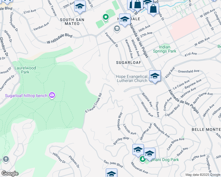 map of restaurants, bars, coffee shops, grocery stores, and more near 3303 Haskins Drive in Belmont