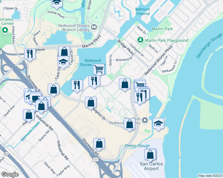 map of restaurants, bars, coffee shops, grocery stores, and more near 250 Shoreline Drive in Redwood City
