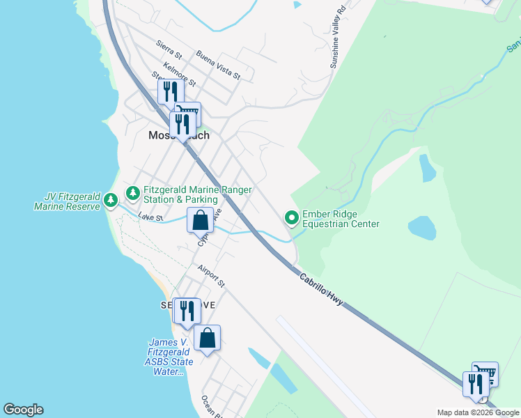 map of restaurants, bars, coffee shops, grocery stores, and more near 1077 Pearl Avenue in Moss Beach