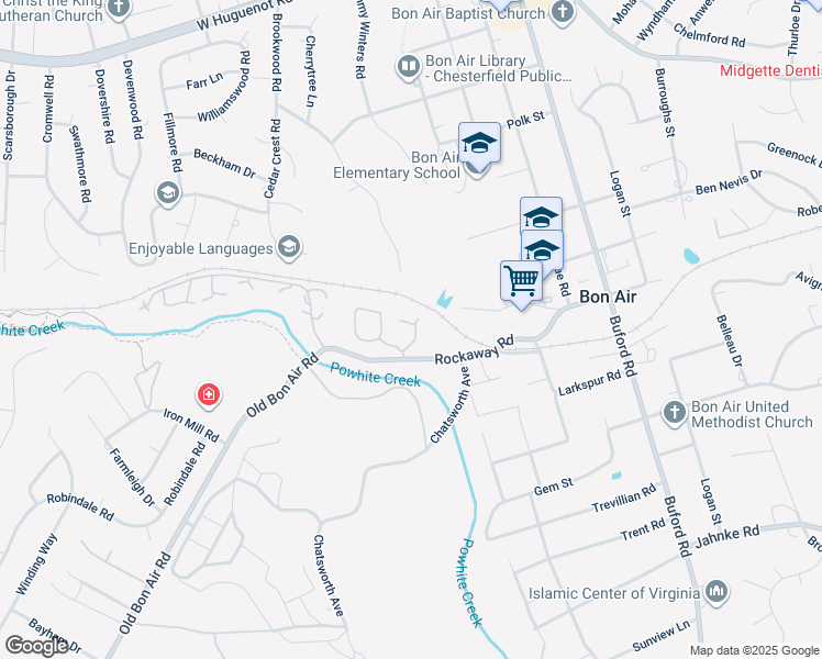 map of restaurants, bars, coffee shops, grocery stores, and more near 2144 Waters Mill Drive in Bon Air