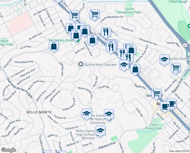 map of restaurants, bars, coffee shops, grocery stores, and more near 1248 North Road in Belmont