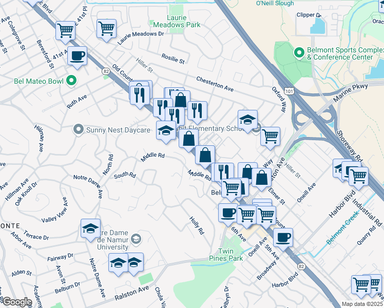 map of restaurants, bars, coffee shops, grocery stores, and more near 600 El Camino Real in Belmont