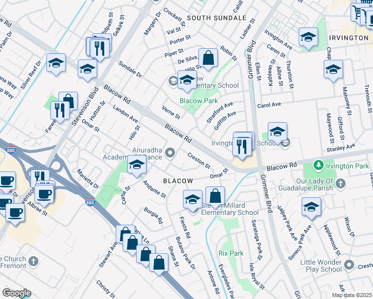 map of restaurants, bars, coffee shops, grocery stores, and more near 40710 Creston Street in Fremont
