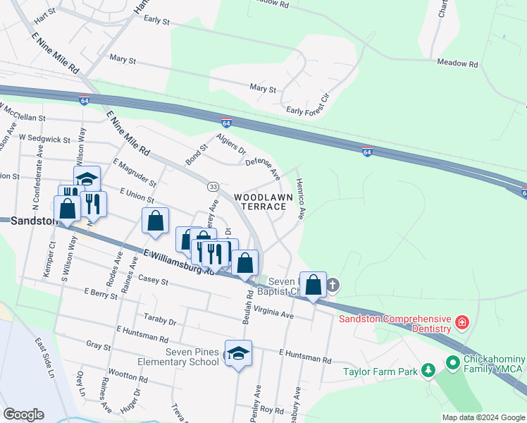 map of restaurants, bars, coffee shops, grocery stores, and more near 311 7 Pines Avenue in Sandston