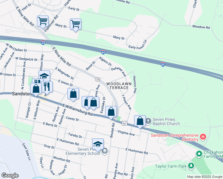 map of restaurants, bars, coffee shops, grocery stores, and more near 2204 East 9 Mile Road in Sandston