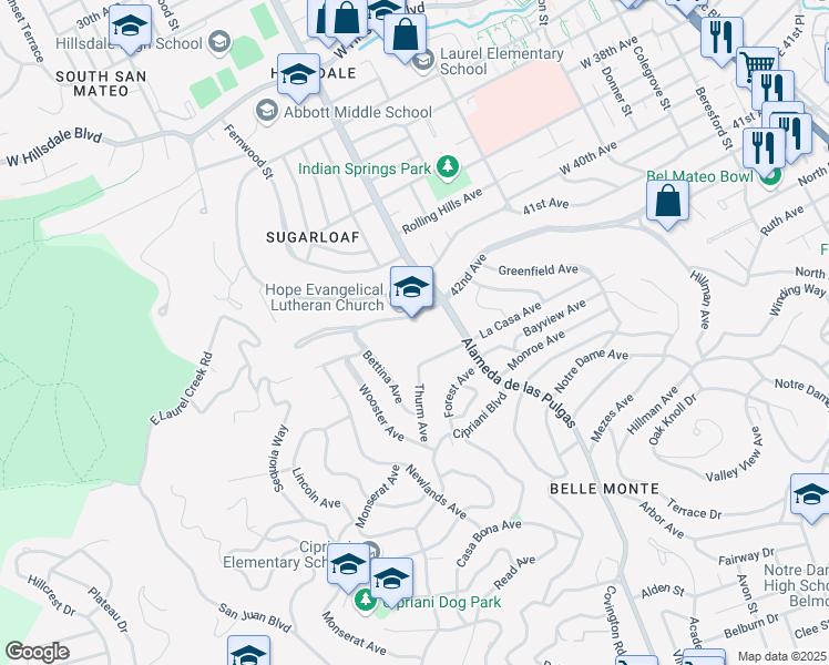 map of restaurants, bars, coffee shops, grocery stores, and more near 525 42nd Avenue in San Mateo