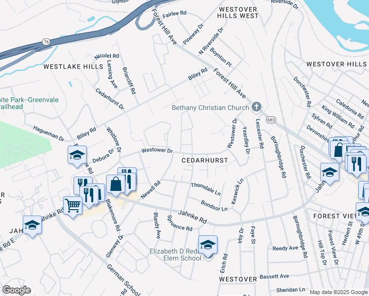 map of restaurants, bars, coffee shops, grocery stores, and more near 5854 Westower Drive in Richmond