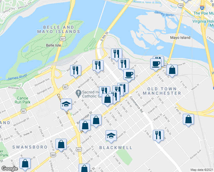 map of restaurants, bars, coffee shops, grocery stores, and more near 925 Porter Street in Richmond