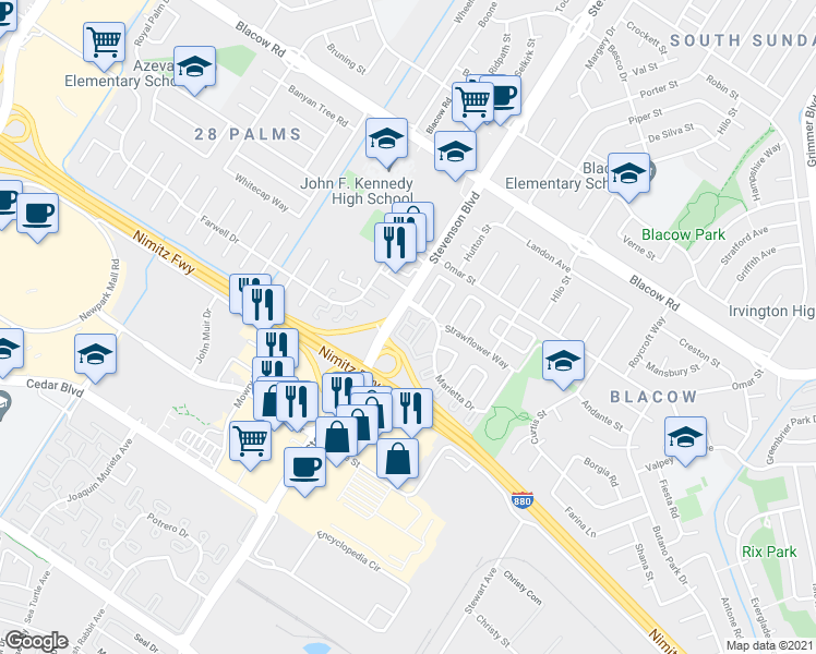map of restaurants, bars, coffee shops, grocery stores, and more near 5651 Spry Common in Fremont