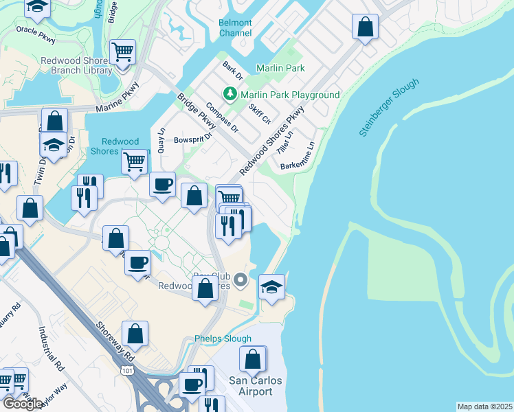 map of restaurants, bars, coffee shops, grocery stores, and more near 608 Spar Drive in Redwood City