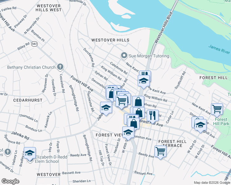 map of restaurants, bars, coffee shops, grocery stores, and more near 5109 Devonshire Road in Richmond