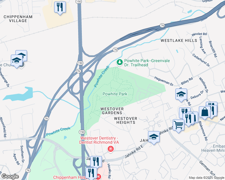 map of restaurants, bars, coffee shops, grocery stores, and more near Powhite Park Trails in Richmond