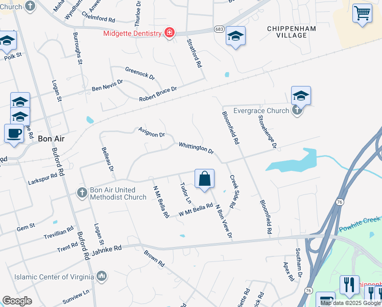map of restaurants, bars, coffee shops, grocery stores, and more near 8017 Whittington Drive in Richmond