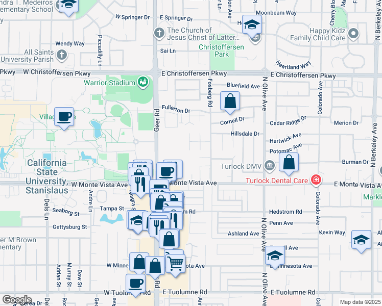 map of restaurants, bars, coffee shops, grocery stores, and more near 3402 Roanoke Court in Turlock