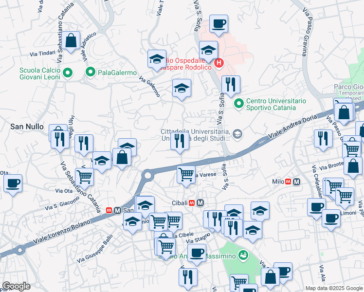 map of restaurants, bars, coffee shops, grocery stores, and more near 262-276 Via Galermo in Catania
