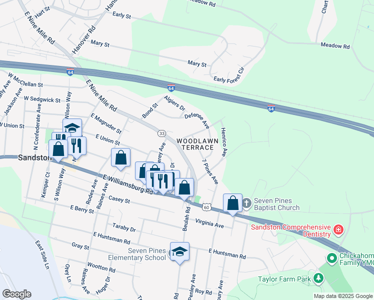 map of restaurants, bars, coffee shops, grocery stores, and more near 2204 East 9 Mile Road in Sandston