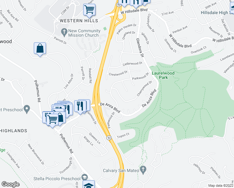 map of restaurants, bars, coffee shops, grocery stores, and more near 1555 Cherrywood Drive in San Mateo