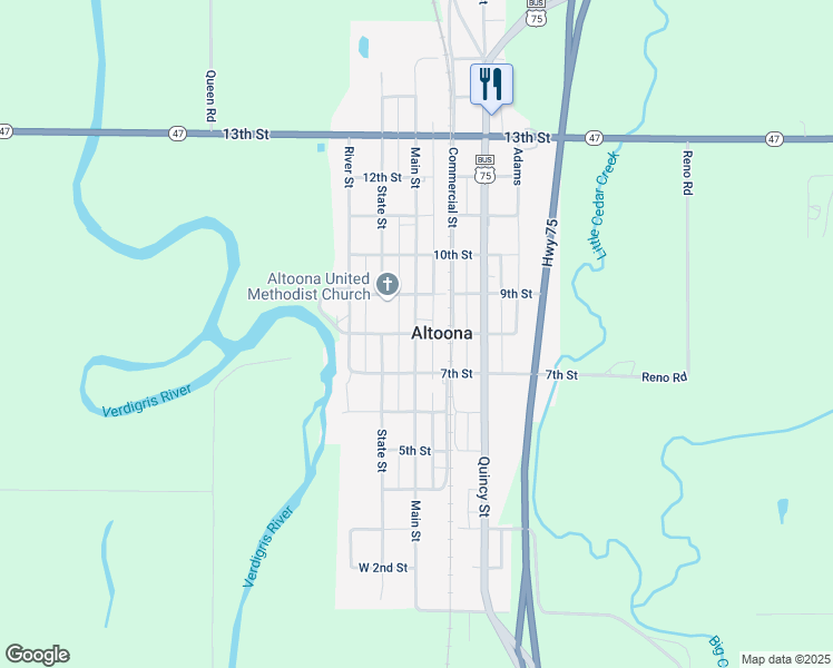 map of restaurants, bars, coffee shops, grocery stores, and more near Main St in Altoona