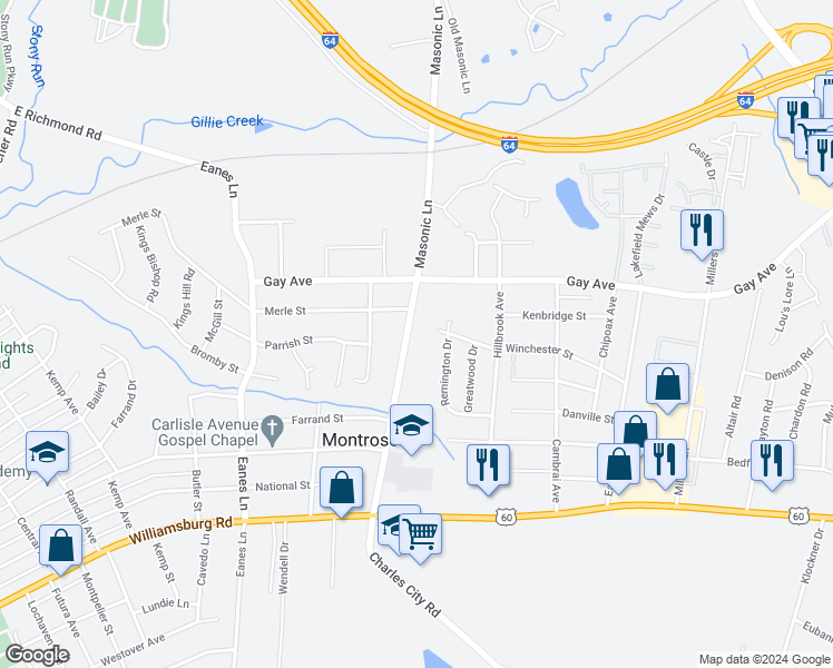 map of restaurants, bars, coffee shops, grocery stores, and more near 4605 Brittles Lane in Richmond