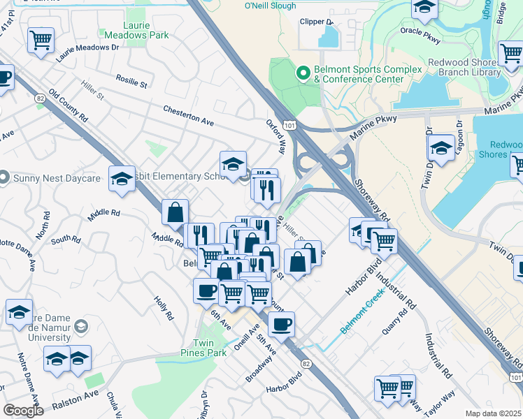 map of restaurants, bars, coffee shops, grocery stores, and more near 560 Masonic Way in Belmont