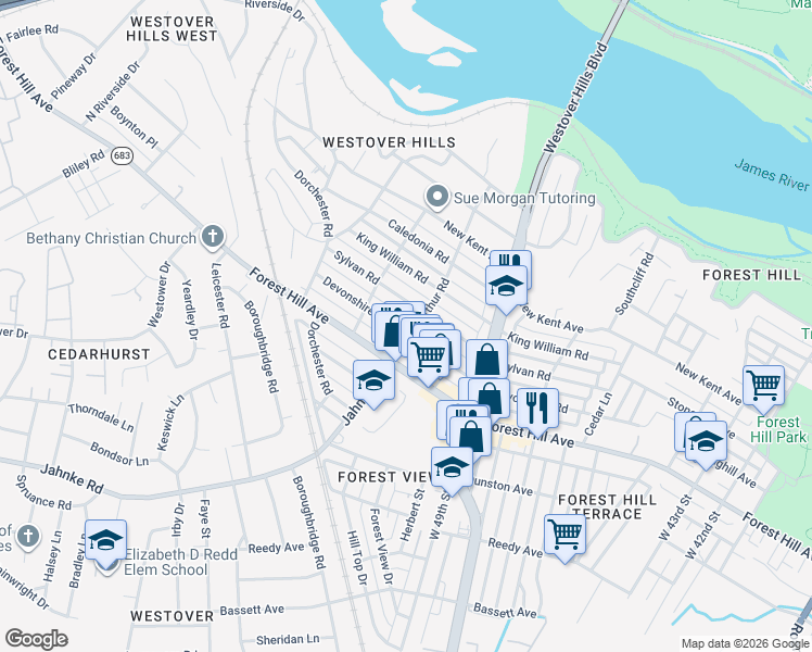 map of restaurants, bars, coffee shops, grocery stores, and more near 5109 Devonshire Road in Richmond