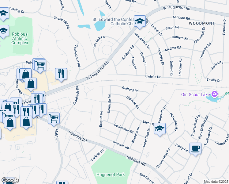 map of restaurants, bars, coffee shops, grocery stores, and more near 11160 Olympic Road in Richmond