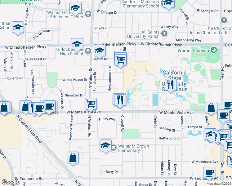 map of restaurants, bars, coffee shops, grocery stores, and more near 3601 Crowell Road in Turlock