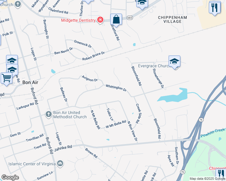 map of restaurants, bars, coffee shops, grocery stores, and more near 8017 Whittington Drive in Richmond