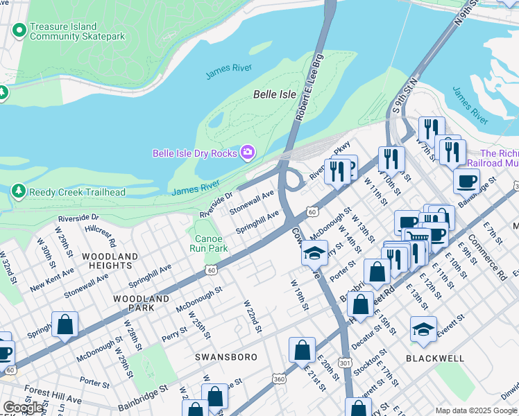 map of restaurants, bars, coffee shops, grocery stores, and more near 610 West 19th Street in Richmond