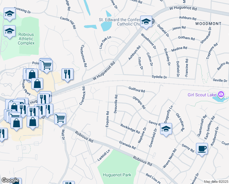 map of restaurants, bars, coffee shops, grocery stores, and more near 2130 Deauville Road in Richmond