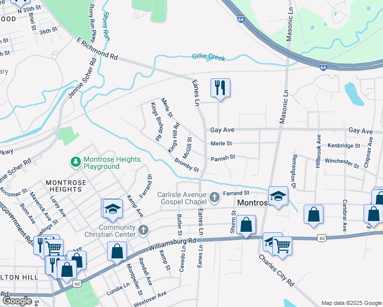 map of restaurants, bars, coffee shops, grocery stores, and more near 4601 McGill Street in Richmond