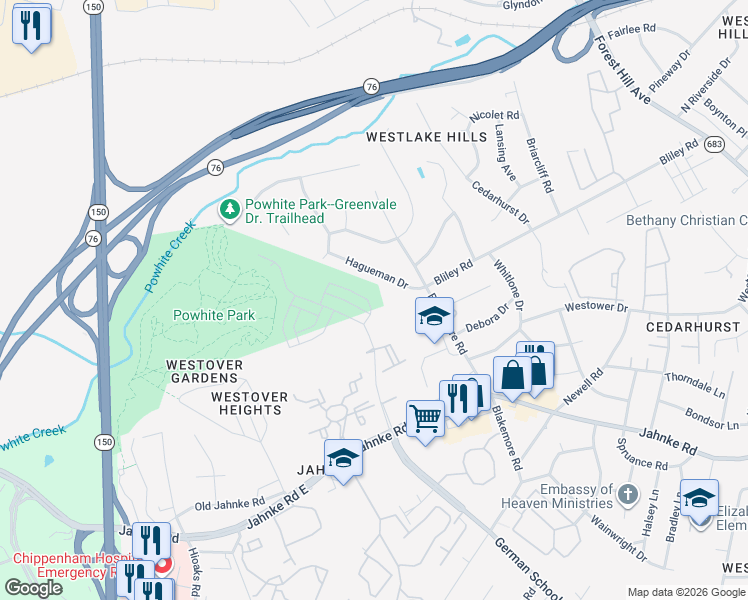 map of restaurants, bars, coffee shops, grocery stores, and more near 1629 Bilder Court in Richmond
