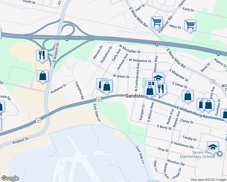 map of restaurants, bars, coffee shops, grocery stores, and more near 1 Carter Avenue in Sandston