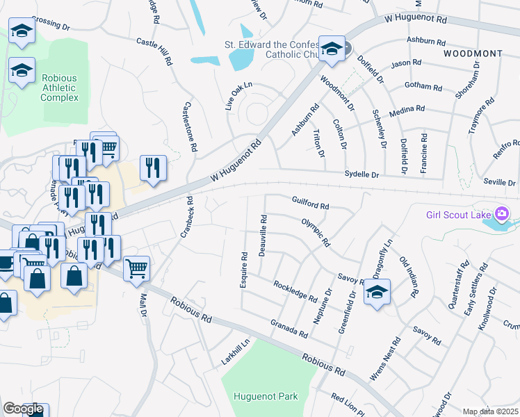 map of restaurants, bars, coffee shops, grocery stores, and more near 2130 Deauville Road in Richmond