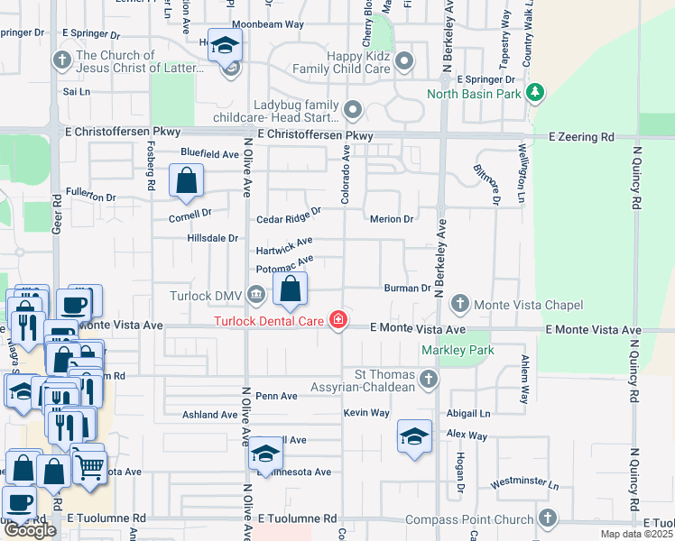 map of restaurants, bars, coffee shops, grocery stores, and more near 3431 Colorado Avenue in Turlock