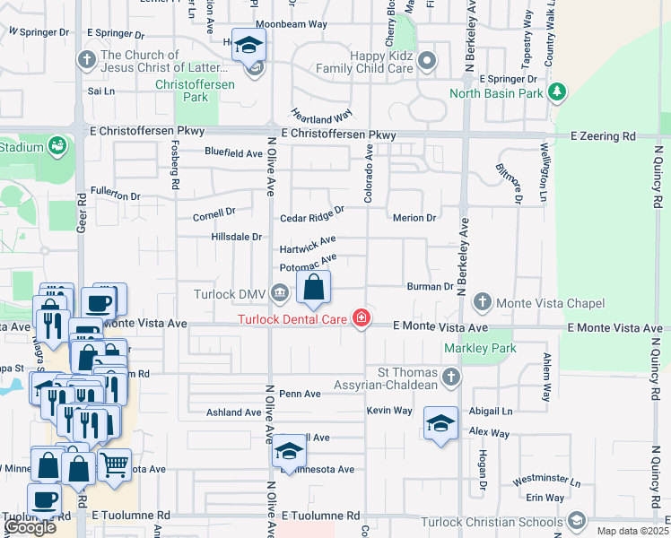 map of restaurants, bars, coffee shops, grocery stores, and more near 3432 Bradley Avenue in Turlock