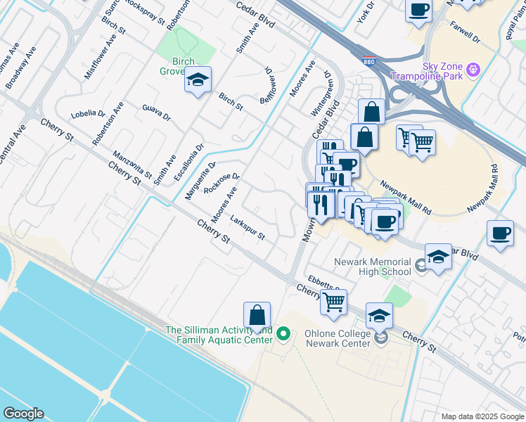 map of restaurants, bars, coffee shops, grocery stores, and more near 38854 Jonquil Drive in Newark